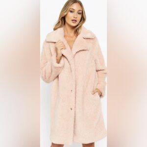 ZARA Blush Pink Faux Fur Long Coat Lapel Collar Teddy Outerwear Medium Fashion